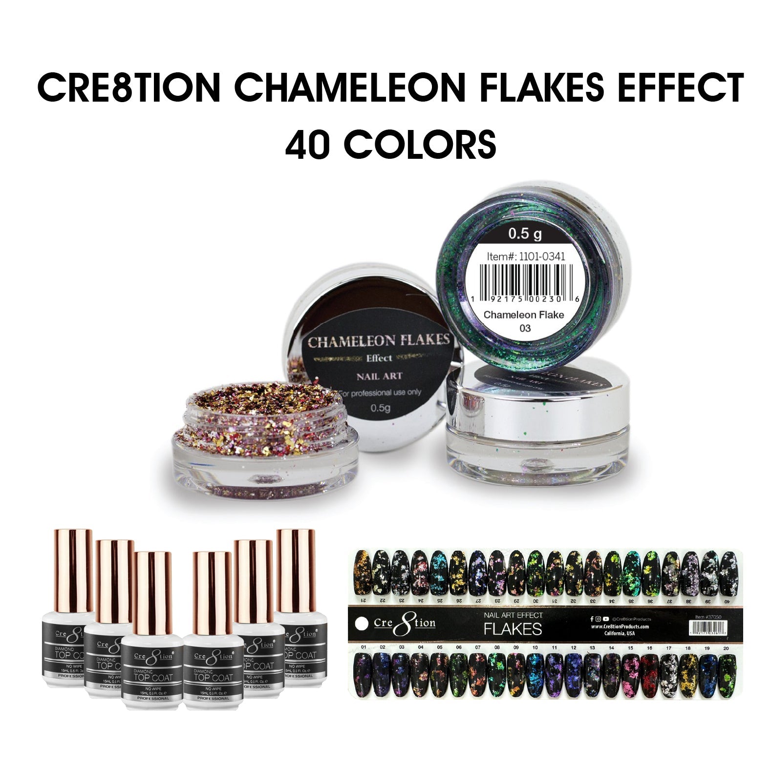 Cre8tion Chameleon Flakes Nail Art Effect 0.5g - Full set 40 colors w/ 6 Top Diamond 0.5oz & 1 Set Color Chart