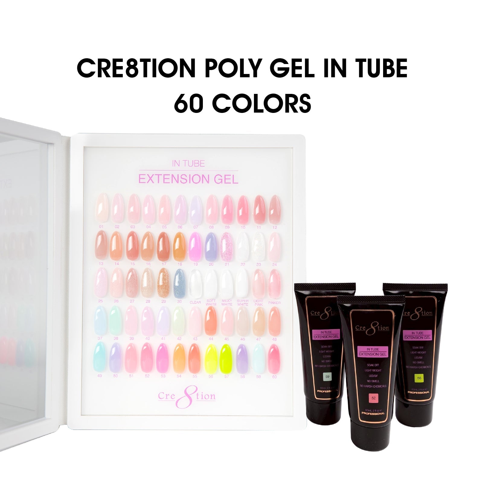 Cre8tion Poly Gel-Extension Gel In Tube 2oz - Full Set 60 colors w/ 1 Acrylic Booklet