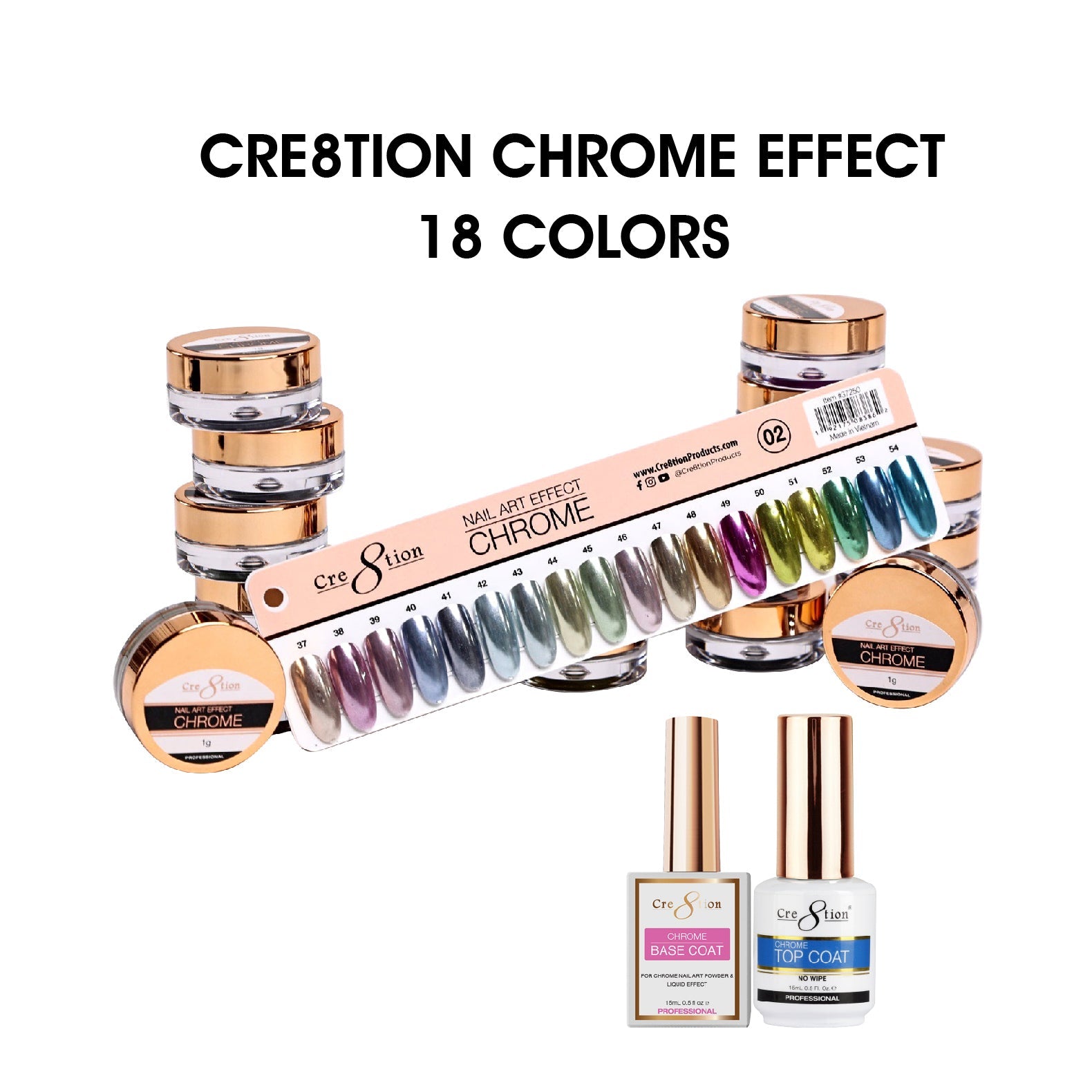 Cre8tion Chrome Nail Art Effect 1g - Full set 18 Colors (#37 - #54) w/ 1 Chrome Base & 1 Chrome Top 0.5oz