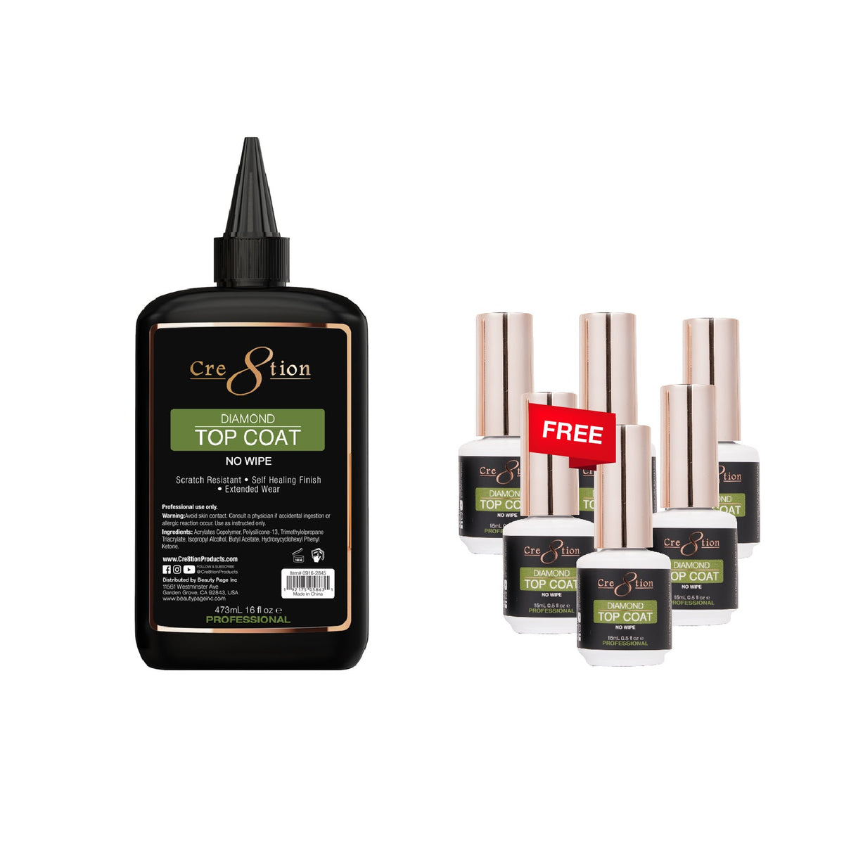 [Bonus Combo] Cre8tion Gel Diamond No Wipe Top Coat 16oz Refill - with 6 Free Size 0.5oz