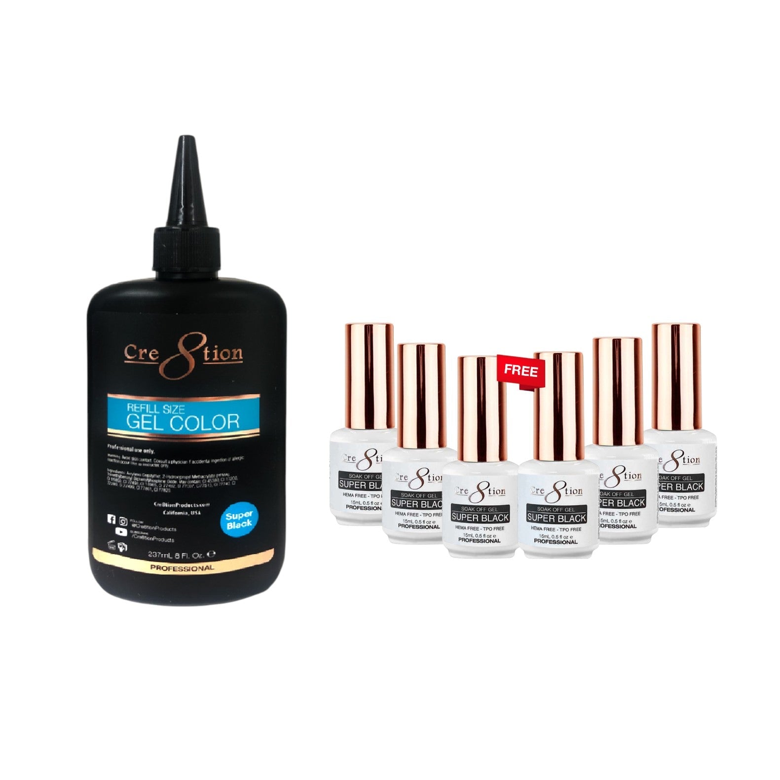 [Bonus Combo] Cre8tion Soak Off Gel Super Black 8oz Refill - with 6 Free Size 0.5oz