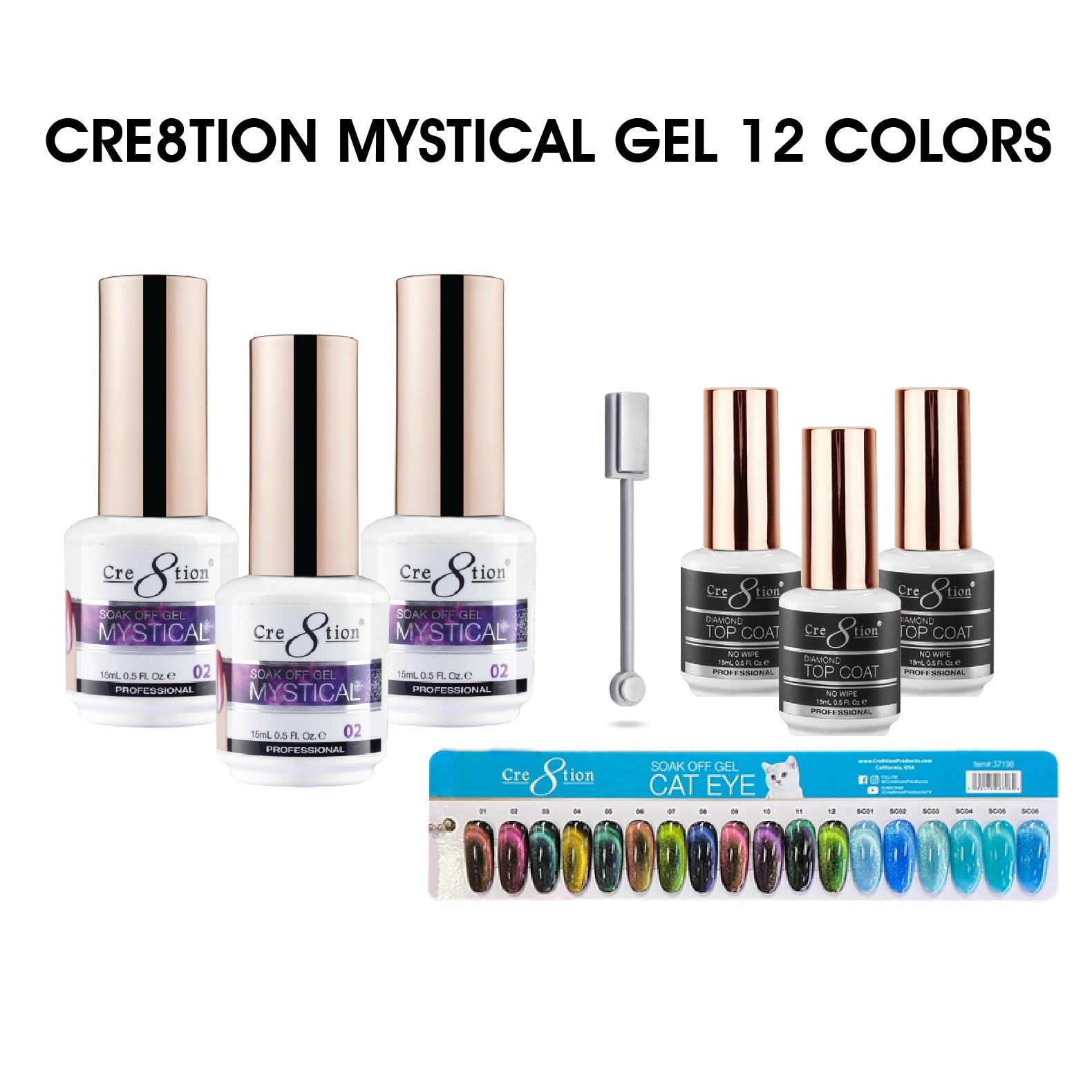 Cre8tion  Mystical Gel 0.5oz  - Full Set 12 colors w/ 1 Magnet, 3 Top Diamond 0.5oz & 1 Color Chart