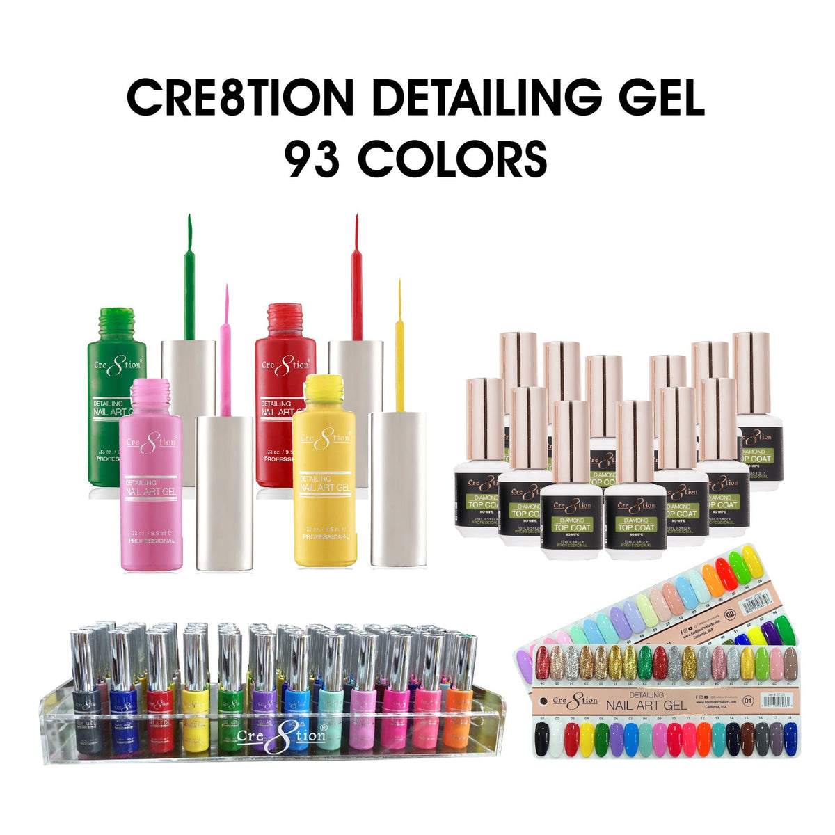 Cre8tion Detailing Nail Art Gel - Full set 93 colors w/ 1 Set Color Chart, 12 Top Diamond 0.5oz & 1 Detailing Gel Holder