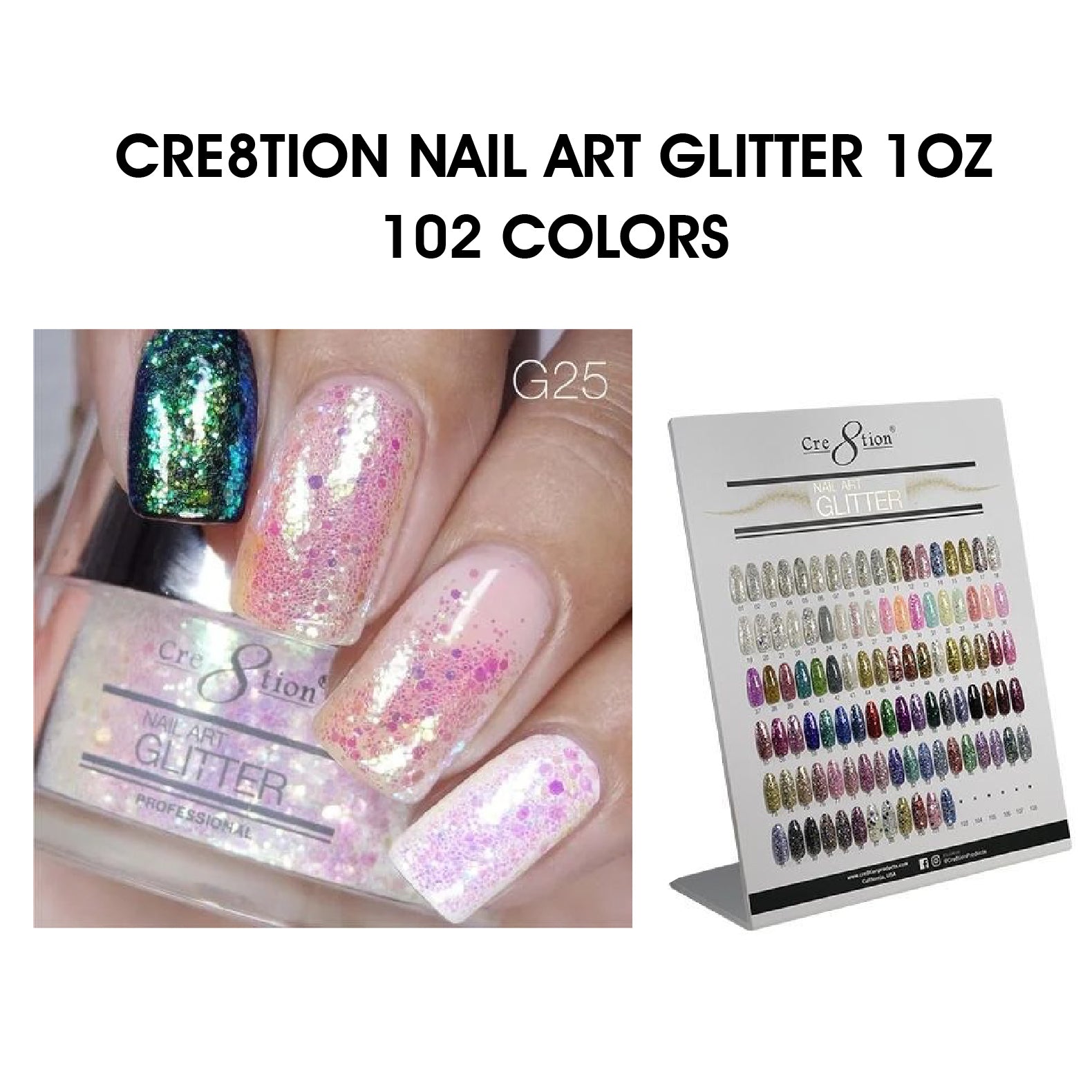 Cre8tion Nail Art Glitter - Full Set 102 Colors w/ 1 Set Display Foam