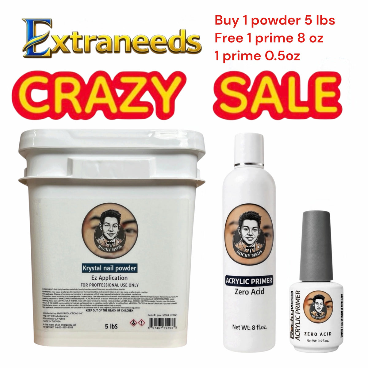 Rocky MSDS Krystal Nail Powder 5lbs [Buy 1 Free 1 PRIMER 8 OZ Primer AND 1 PRIMER 0,5 0Z